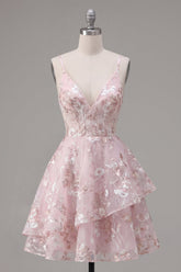 A-Line Pink Corset Spaghetti Straps Floral Homecoming Dress