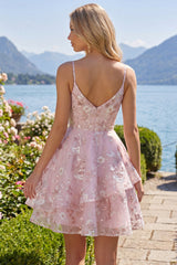 A-Line Pink Corset Spaghetti Straps Floral Homecoming Dress