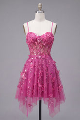 A Line Sparkly Fuchsia Beaded Short Corset Floral Homecoming Dress