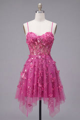 A Line Sparkly Fuchsia Beaded Short Corset Floral Homecoming Dress