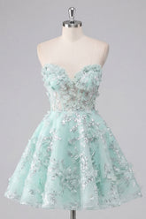 A-Line Mint Floral Sweetheart Corset Appliqued Homecoming Dress