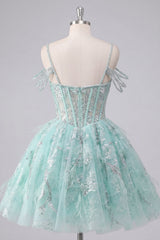 A-Line Mint Cold Shoulder Floral Corset Beaded Homecoming Dress