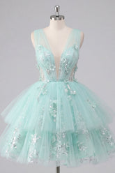 A-Line Mint V-Neck Tulle Floral Appliqued Homecoming Dress