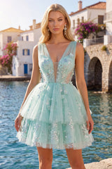 A-Line Mint V-Neck Tulle Floral Appliqued Homecoming Dress