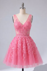 A-Line Hot Pink Floral V-Neck Tulle Homecoming Dress