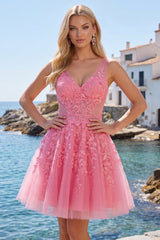 A-Line Hot Pink Floral V-Neck Tulle Homecoming Dress