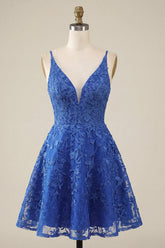 A-Line Royal Blue Floral Beaded Spaghetti Straps Homecoming Dress