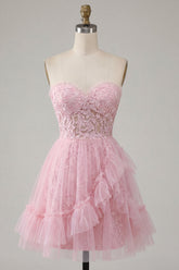A-Line Pink Sweetheart Floral Homecoming Dress with Ruffles