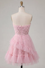 A-Line Pink Sweetheart Floral Homecoming Dress with Ruffles