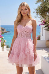 A-Line Pink Sweetheart Floral Homecoming Dress with Ruffles