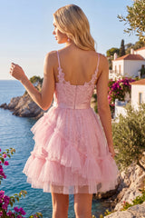 A-Line Pink Floral Spaghetti Straps Homecoming Dress with Ruffles