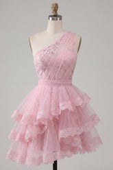 A-Line Pink One Shoulder Floral Tiered Homecoming Dress