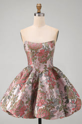 A-Line Pink Sweetheart Jacquard Floral Homecoming Dress with Bow