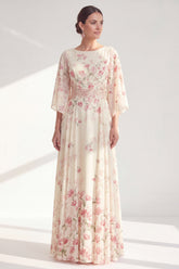 A-Line Apricot Floral Bateau Neck Long Mother Of the Bride Dress with Half Sleeves