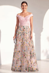A-Line Blush Off the Shoulder Floral Long Mother of the Bride Dress