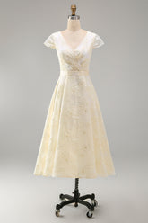 A-Line Champagne V-Neck Ruched Floral Midi Dress with Cap Sleeves