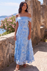 A-Line Blue Off the Shoulder Floral Maxi Dress with Appliques