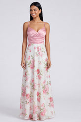 A Line Light Pink Spaghetti Straps Maxi Floral Dress