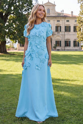 A-Line Blue Round Neck Floral Maxi Dress with Short Sleeves