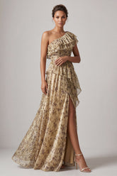 A Line Champagne Long Floral Ruffled Mother of the Bride Dress with Slit