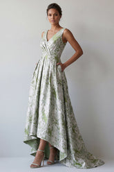 A Line Light Green Floral Long Ruched Mother of the Bride Dress with Pockets
