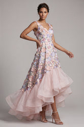 A Line Blush High Low Floral V-Neck Mother of the Bride Dress with Ruffles