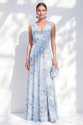 A-Line Chiffon Blue Floral V-Neck Ruched Long Mother Of the Bride Dress with Slit