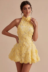 A-Line Pearl Daffodil Floral Halter Backless Short Homecoming Dress with Beading