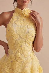 A-Line Pearl Daffodil Floral Halter Backless Short Homecoming Dress with Beading