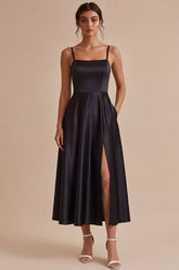 A Line Spaghetti Straps Long Black Tie Dress with Pockets