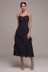 A Line Spaghetti Straps Midi Black Tie Dress with Ruffles