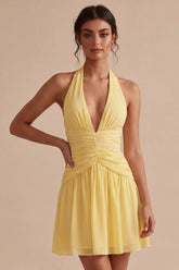 A Line Short Daffodil Halter Ruched Backless Graduation Dress