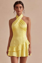 A Line Short Daffodil Halter Backless Graduation Dress with Ruffles