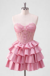 A-Line Pink Sweetheart Corset Tiered Homecoming Dress with Beading