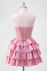 A-Line Pink Sweetheart Corset Tiered Homecoming Dress with Beading