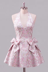 A-Line Pink Halter Neck Jacquard Floral Homecoming Dress with Bow