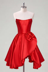 A-Line Red Strapless Corset Floral Homecoming Dress