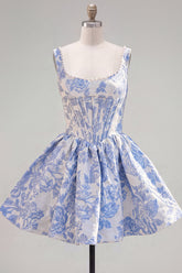 A-Line Blue Pearls Jacquard Square Neck Corset Homecoming Dress