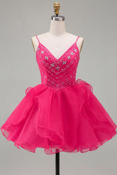 A-Line Hot Pink Rhinestone Ruffle Short Homecoming Dress with Beading