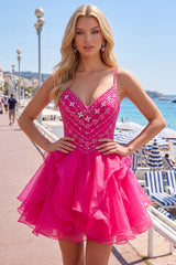 A-Line Hot Pink Rhinestone Ruffle Short Homecoming Dress with Beading
