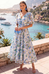 A-Line Blue V-Neck Midi Floral Dress with Puff Sleeves