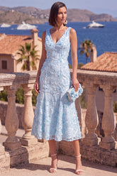 A-Line Blue V-Neck Midi Floral Dress with Beading