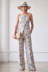 2-Piece Blue Flower Single Breasted Jacquard Women Suits