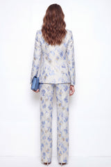 2 Piece Blue Flower Peak Lapel Jacquard One Button Women Suits