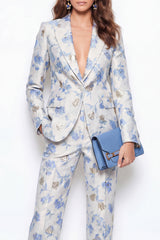 2 Piece Blue Flower Peak Lapel Jacquard One Button Women Suits