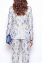 2 Piece Blue Flower Peak Lapel Jacquard One Button Women Suits