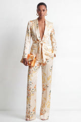 2 Piece Champagne Shawl Lapel Satin Floral Women Suits with Belt