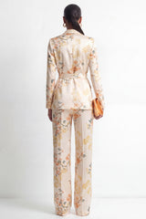 2 Piece Champagne Shawl Lapel Satin Floral Women Suits with Belt