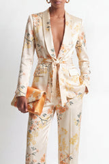 2 Piece Champagne Shawl Lapel Satin Floral Women Suits with Belt