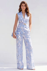 2 Piece Blue Shawl Lapel One Button Jacquard Floral Women Suits